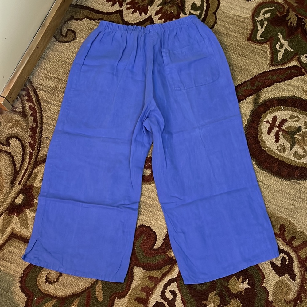 FLAX Size Small Lagenlook Pull-On Elastic Waist Pant Cornflower Blue 100% Linen
